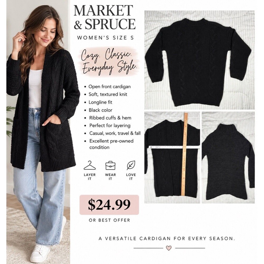 Black Women’s Open Front Cardigan Textured Cable Knit Cozy Sweater